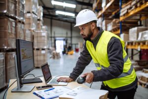Trabajador de almacén usando una plantilla de inventario en el ordenador mientras escanea productos con un lector de código de barras.