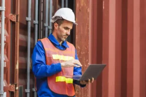 Técnico de mantenimiento con casco y chaleco revisando datos en un portátil frente a una instalación industrial.