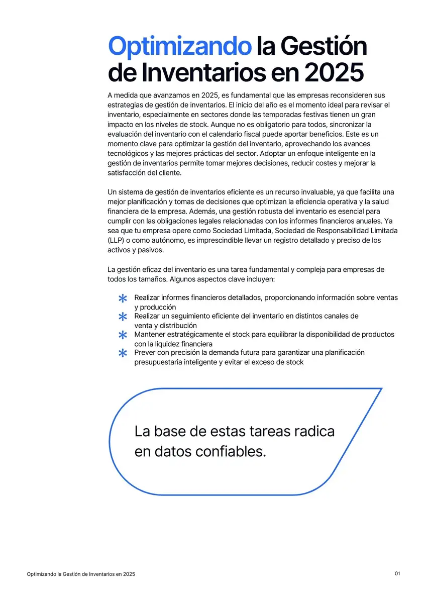 Página de contenido del informe de Timly sobre la gestión de inventarios
