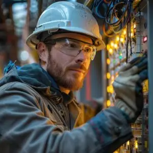 Técnico de mantenimiento con casco y guantes revisando un panel de control iluminado en una planta industrial.