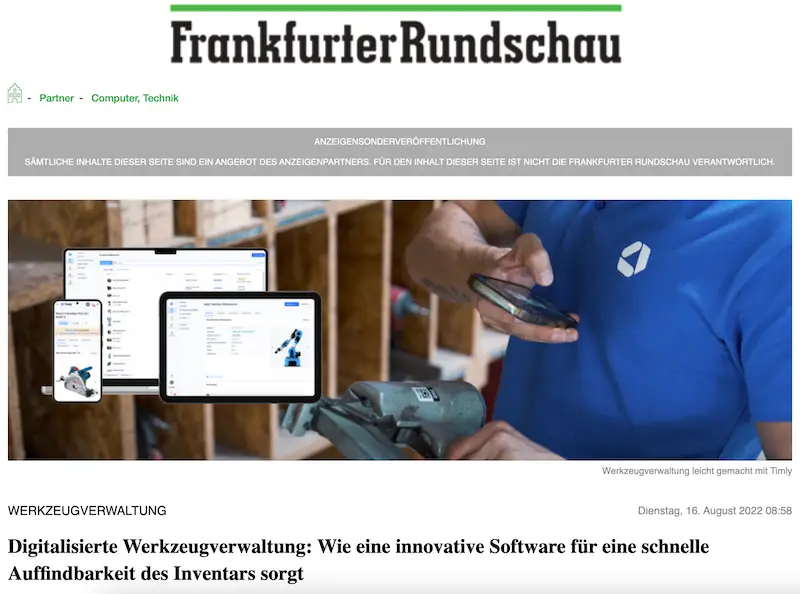 Timly als die digitale Werkzeugverwaltung Software vorgestellt in Frankfurter Rundschau