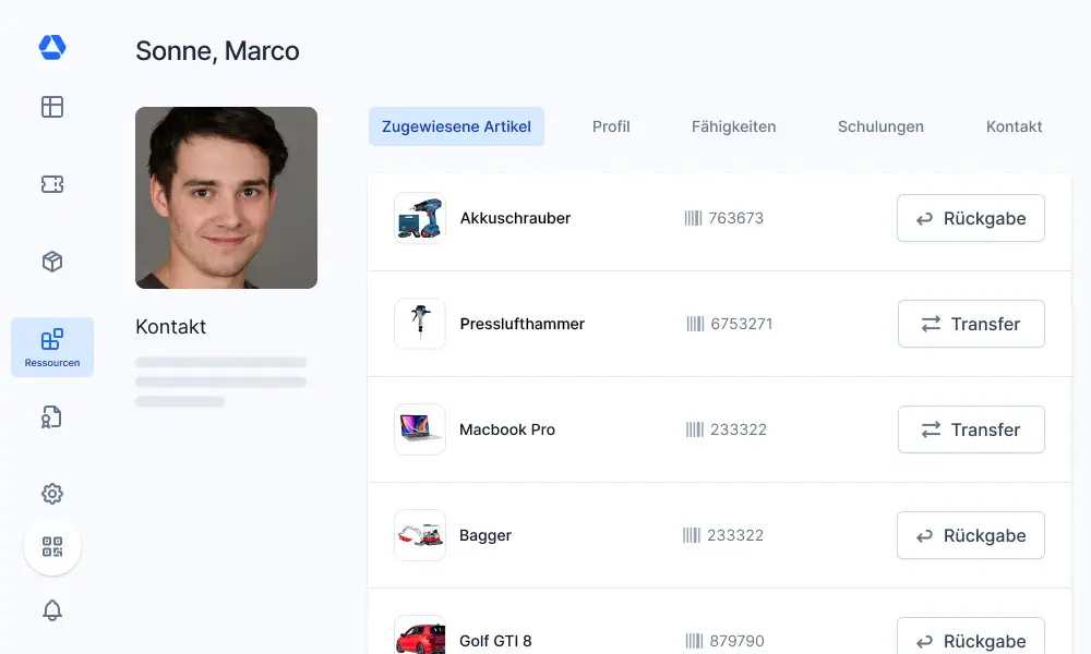 Werkzeugverwaltung Software mit Mitarbeiter Profil dargestellt