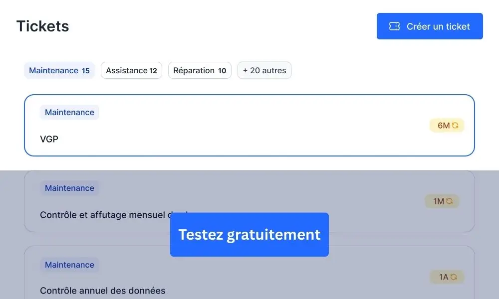 L’image représente une capture d’écran du système de ticketing intégré au logiciel de gestion du parc et des actifs de Timly