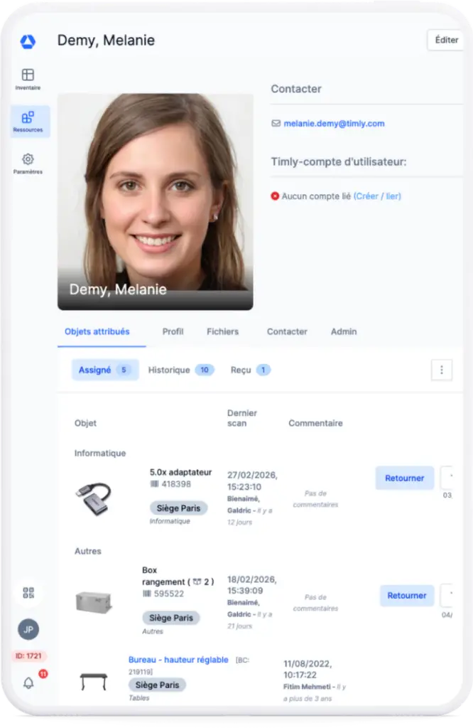 L'image montre une capture du profil d'une employé dans l'application pour inventaire Timly ainsi que les objets qui lui ont été attribués