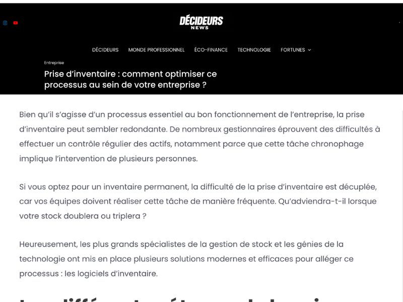 L’image montre une capture d’écran de l’article de presse du site Décideurs News à propos de Timly, sur le sujet de la prise d’inventaire