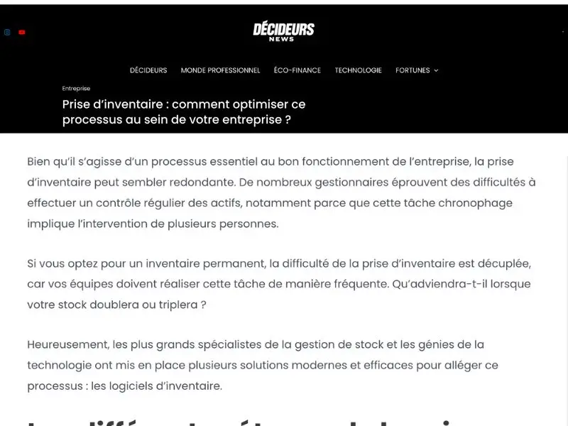 L’image montre une capture d’écran de l’article de presse du site Décideurs News à propos de Timly, sur le sujet de la prise d’inventaire