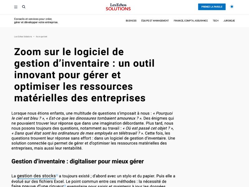 L’image montre une capture d’écran de l’article de presse du site Les Échos à propos de Timly, sur le sujet de la gestion d’inventaire