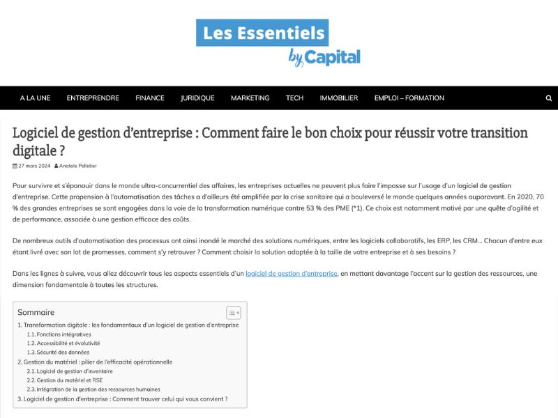 L’image montre une capture d’écran de l’article de presse du site Les Essentiels Capital à propos de Timly, sur le sujet de la gestion des stocks