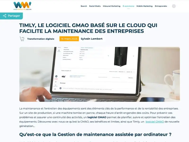 L'image est une capture d'écran de l'article de presse du site Webmarketing & Co’m sur Timly à propos de la gestion de la maintenance