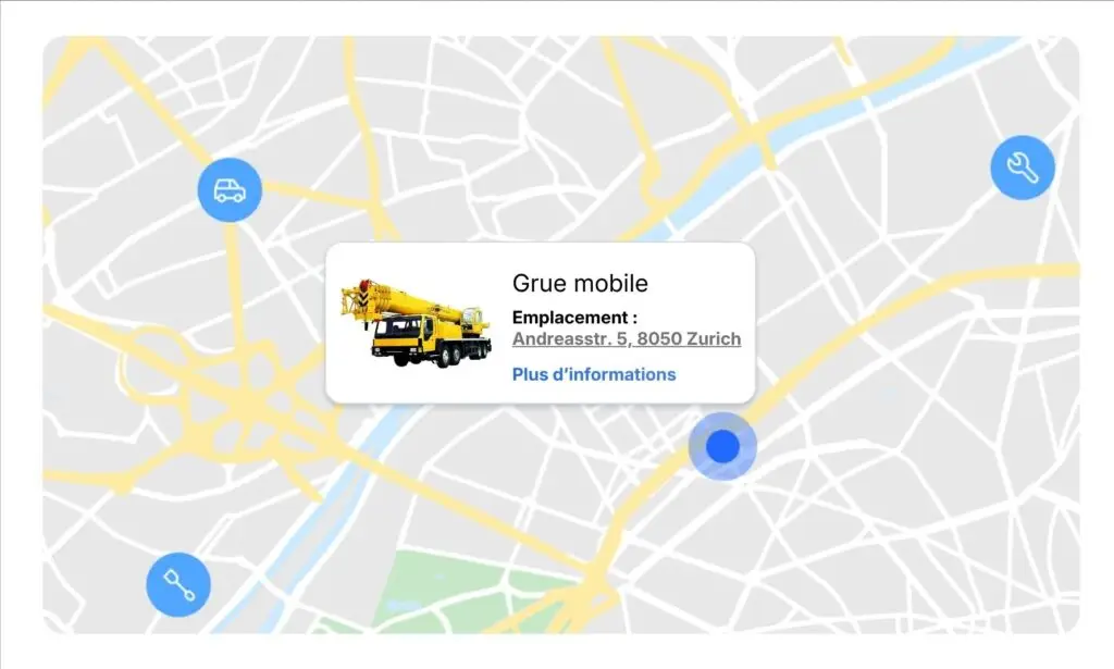 Capture d'écran de la carte GPS du logiciel de gestion des équipements de Timly