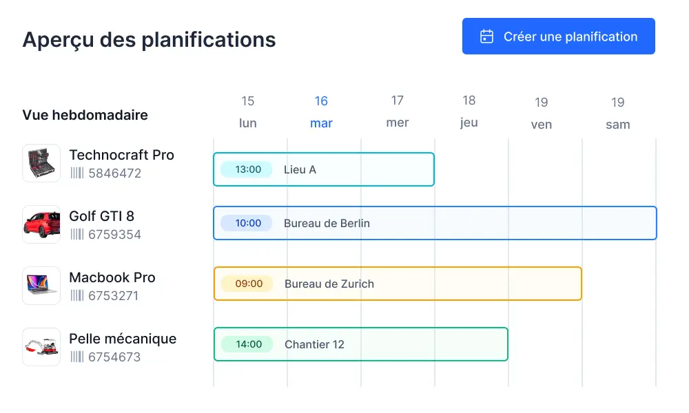 Capture d'écran de la planification du matériel dans le logiciel de gestion des équipements de Timly