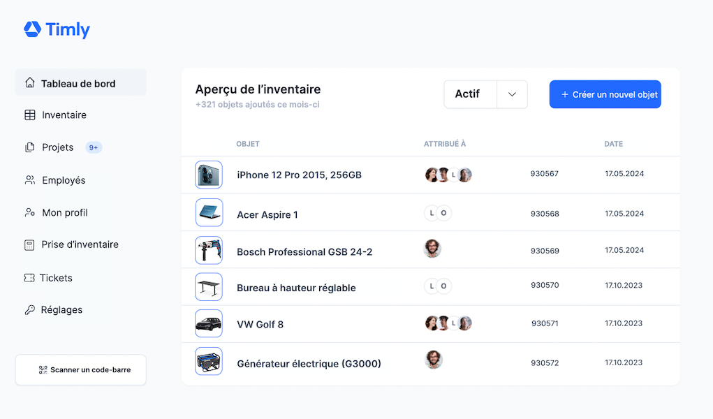L'image montre une capture d'écran de l'application pour inventaire de Timly qui permet de réaliser et gérer l'inventaire permanent