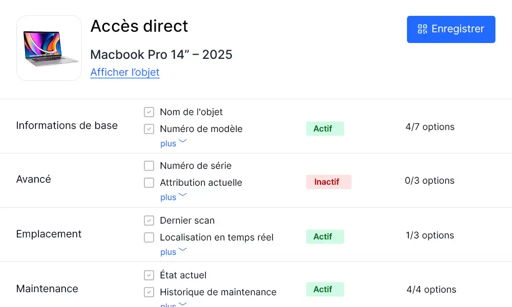 L'image montre une capture d'écran des étiquettes d'accès direct du logiciel de gestion de la maintenance Timly