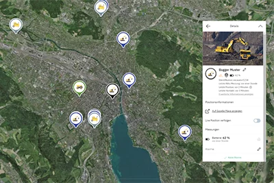 L'image montre la carte interactive de suivi des équipements avec GPS intégré de l'application Timly