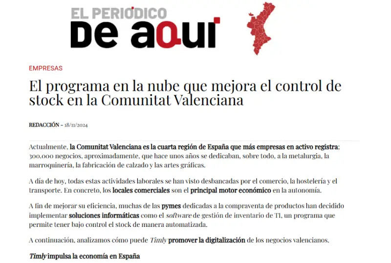 Imagen de vista previa del artículo de El Periódico de Aquí sobre un programa en la nube para mejorar el control de stock en la Comunitat Valenciana.