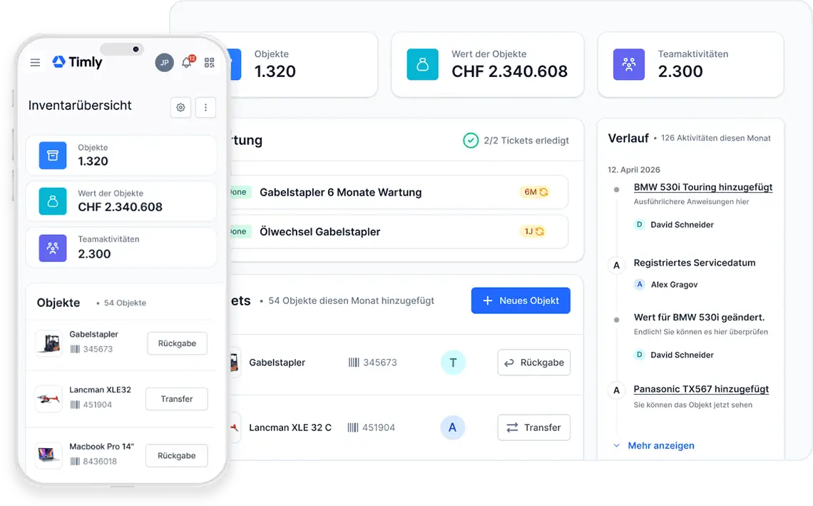 Die digitale Inventarverwaltung Software Timly als Dashboard auf Mobile und Desktop dargestellt
