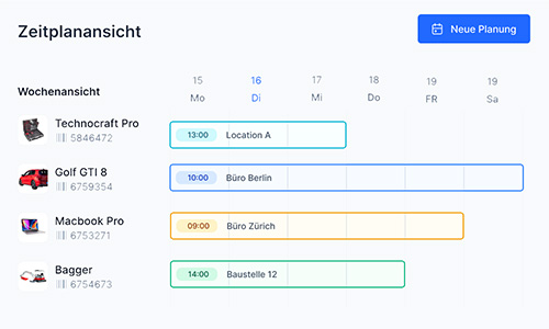 Bild zeigt digitale Inventarverwaltung Software mit Kalender für Einsatzplanung von Inventar