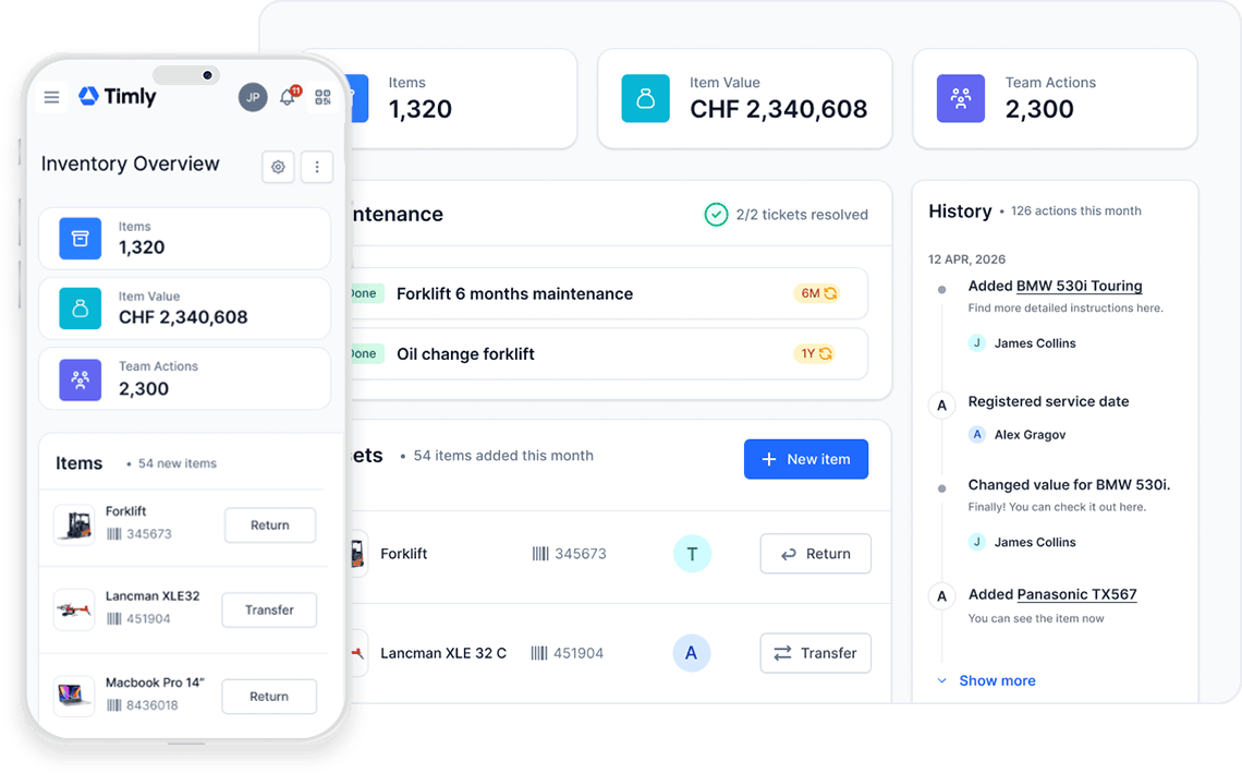 The Digital Inventory Management Software Timly dashboard displayed on mobile and desktop