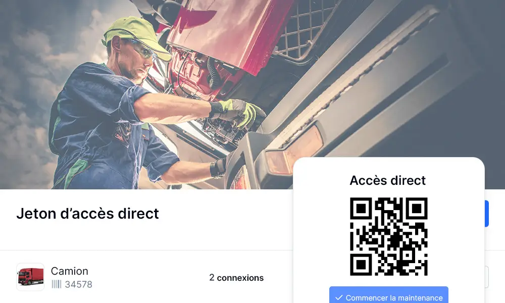 L'image représente un employé du secteur de la construction ainsi qu'une capture d'écran du logiciel de gestion de la maintenance Timly avec une étiquette d'accès direct