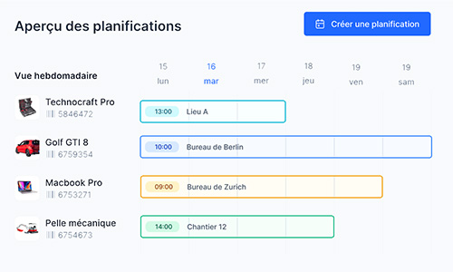 L'image montre la fonctionnalité de planification et répartition du matériel dans le logiciel de gestion de parc Timly