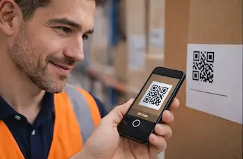 L'image montre un employé en train de scanner un QR code depuis son smartphone équipé d'une application pour inventaire