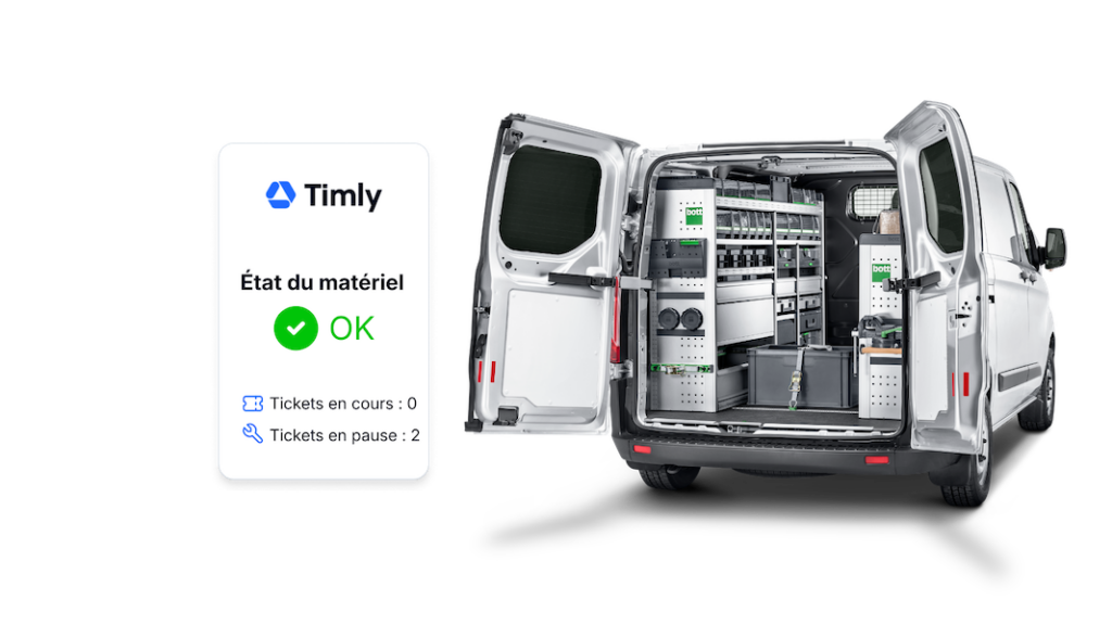 L'image montre un collage d'un véhicule utilitaire ainsi qu'une capture du logiciel de gestion de la maintenance Timly intègre un système de ticketing qui permet de gérer les demandes et interventions