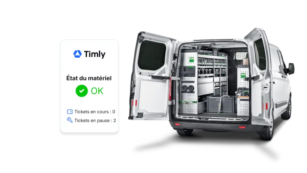 L'image montre un collage d'un véhicule utilitaire ainsi qu'une capture du logiciel de gestion de la maintenance Timly intègre un système de ticketing qui permet de gérer les demandes et interventions