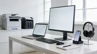 L'image représente un parc informatique, qui peut être géré dans le logiciel de gestion des actifs de Timly