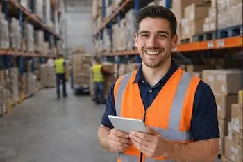 L'image montre un employé souriant qui utilise le logiciel de gestion des stocks de Timly dans un entrepôt