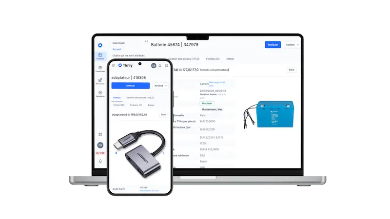 L'image montre le logiciel de gestion des stocks Timly sur un ordinateur et un smartphone