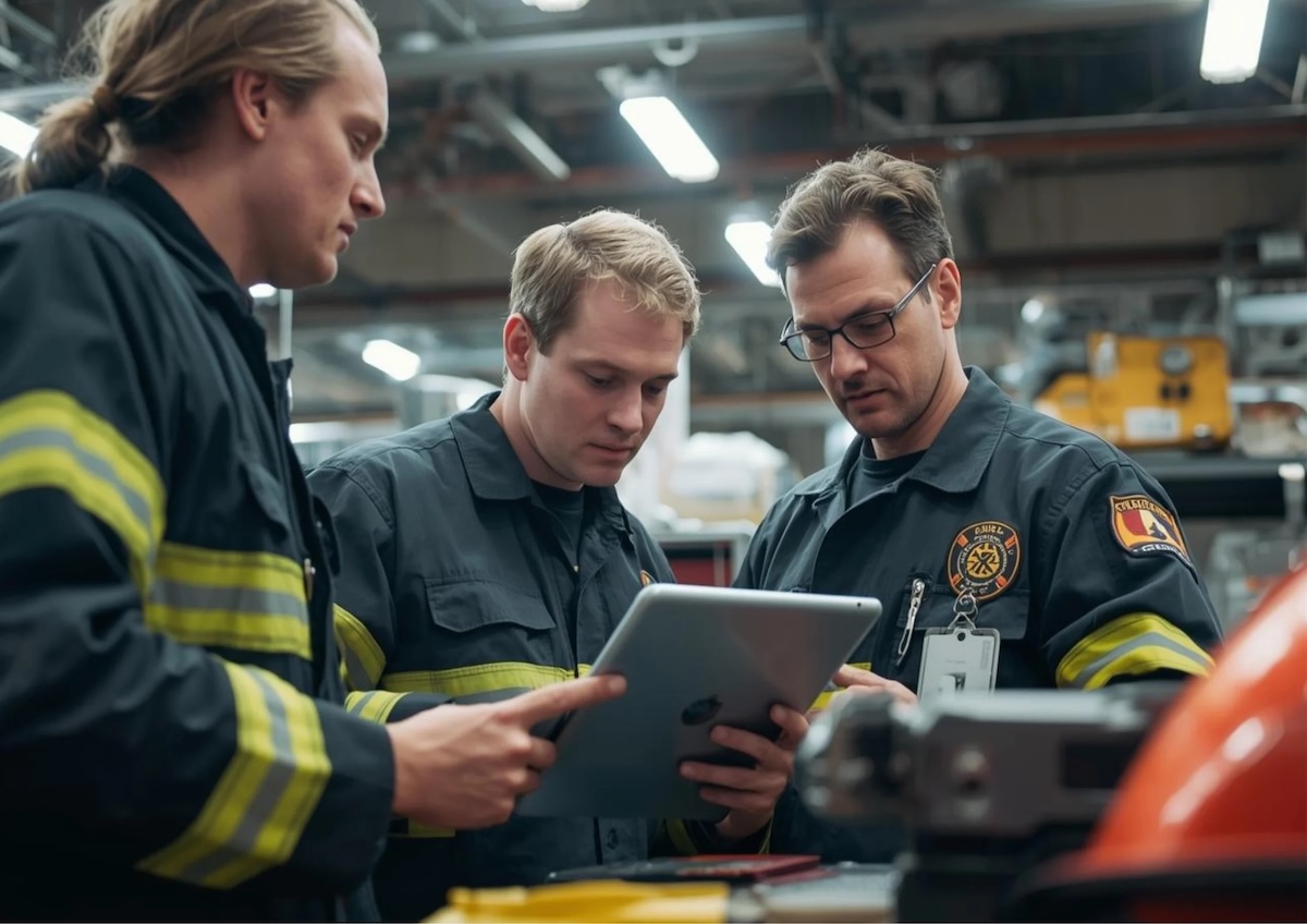 L'image montre trois pompiers et une tablette sur laquelle ils peuvent gérer les commandes internes de matériel directement dans Timly