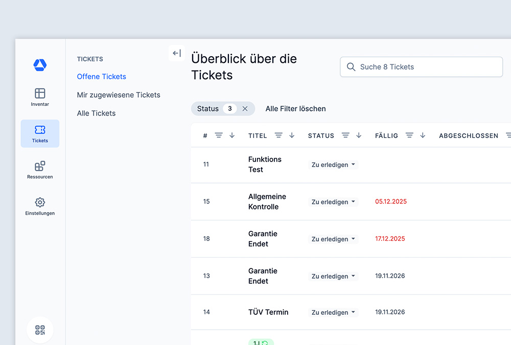 Timly Inventarverwaltung Software mit Ticketsystem als Screenshot dargestellt.
