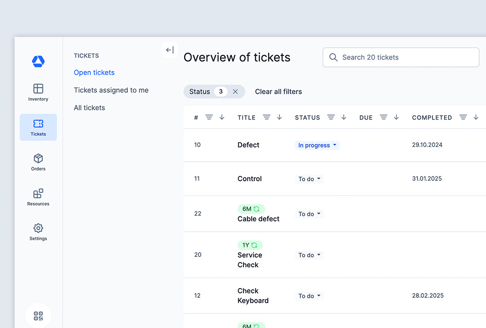 Timly inventory management software with integrated ticketing system, shown as a screenshot.