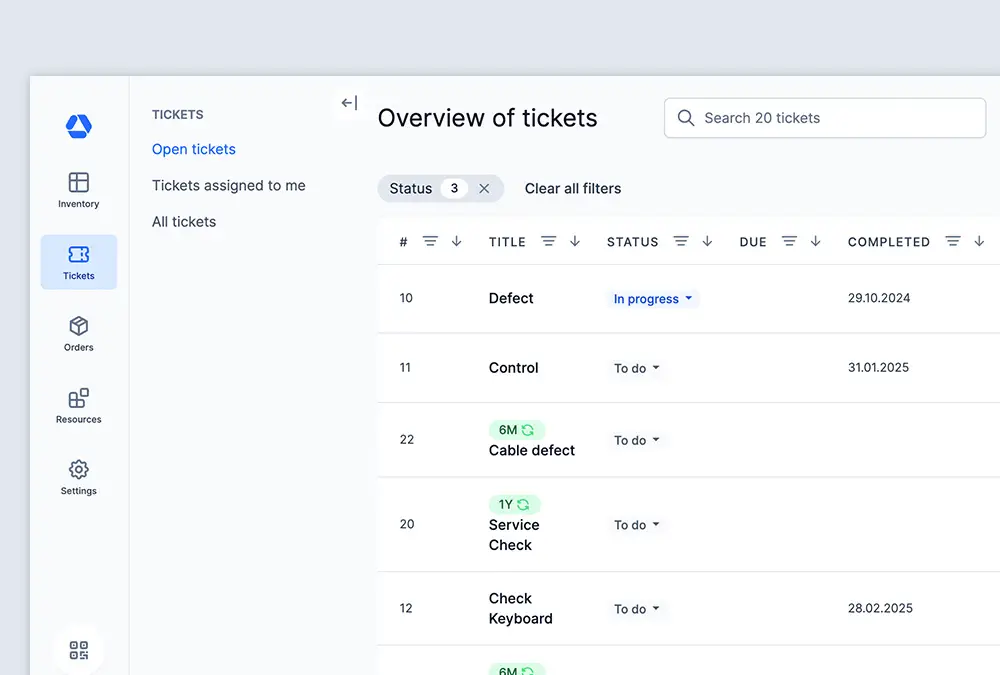 Timly inventory management software with integrated ticketing system, shown as a screenshot.