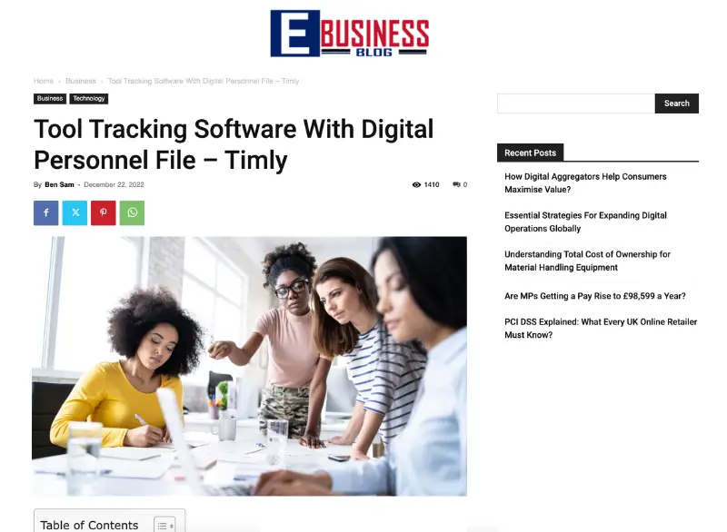 Timly Inventory Tracking Software on E Business Blog Screenshot