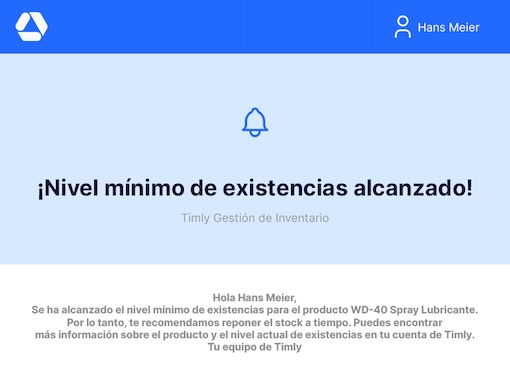 Panel del programa de control de stock Timly con alertas de nivel mínimo para gestionar existencias y evitar rupturas de stock.