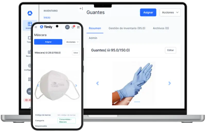 Vista previa del programa de control de stock de Timly para gestionar inventario de guantes y mascarillas con aplicación móvil y versión web.