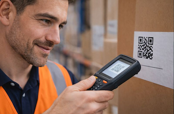 Operario de almacén usando lector de códigos QR con programa para hacer inventario y registrar cajas en el sistema.