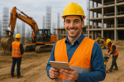 Jefe de obra usando tablet con software de gestión de herramientas para controlar maquinaria y equipos en una construcción.