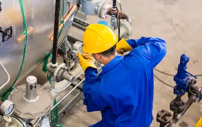 Técnico de mantenimiento ajustando una válvula en instalación industrial mientras registra la intervención en el software GMAO.