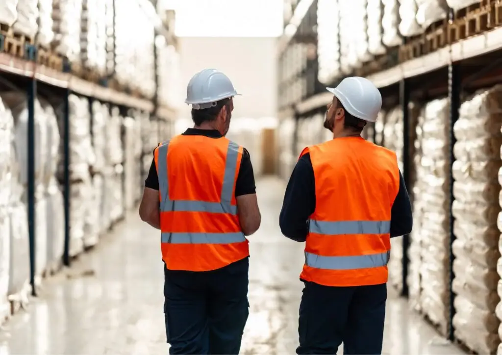 Two warehouse employees talking about inventory policies