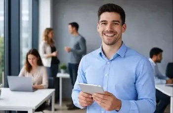 Un employé de bureau utilise l’application de gestion d’inventaire Timly sur une tablette