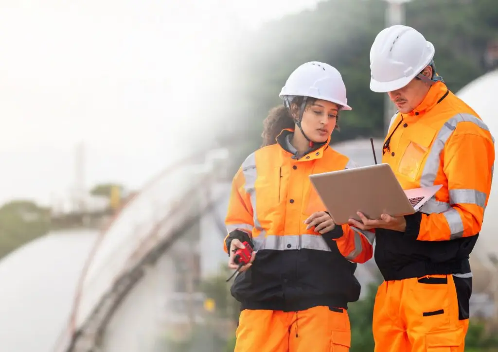 Seguimiento de activos en obra con dos técnicos usando software digital para controlar equipos y operaciones