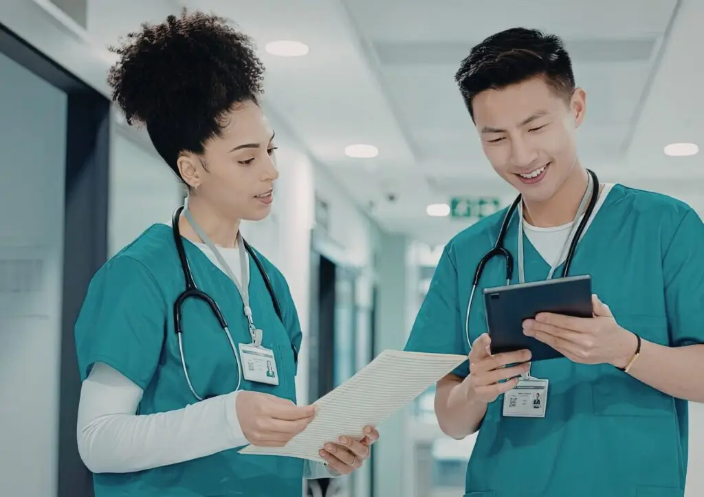 Hospital employees use Timly on tablet for smart hospital asset tracking