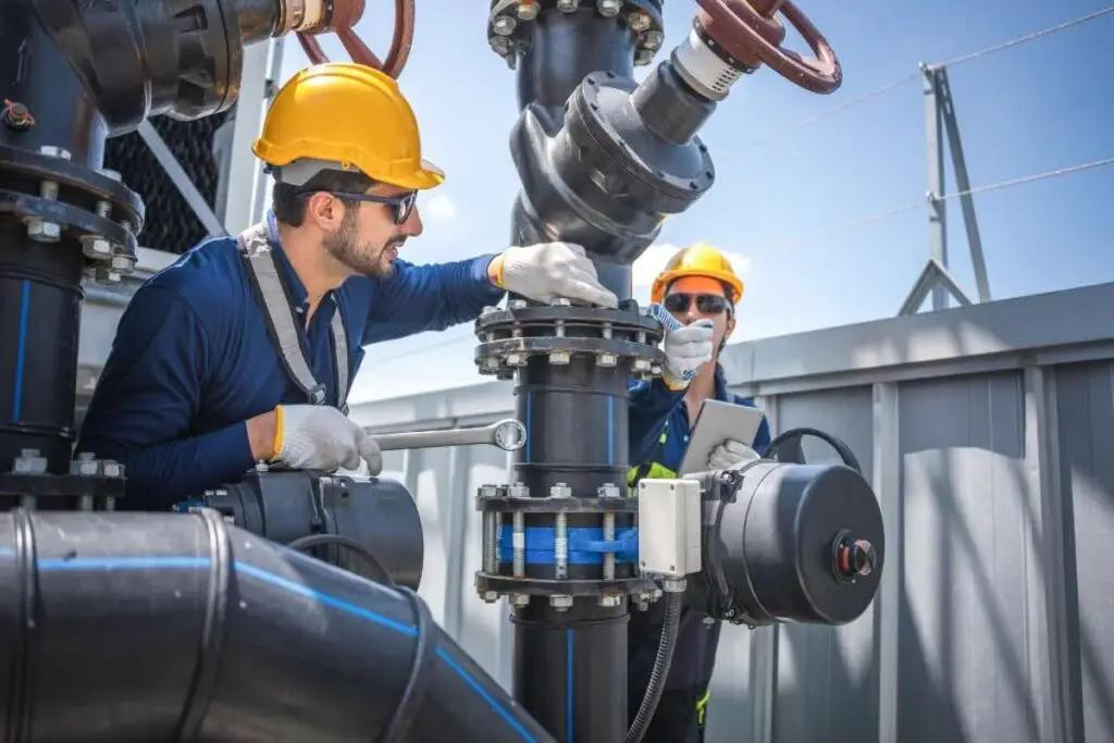 La photo représente deux employés en train de réaliser une intervention en extérieur, pour un illustrer un article guide sur la maintenance industrielle.