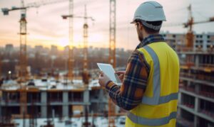 L'image montre un opérateur de chantier qui vérifie les procédures de travail en hauteur et la sécurité des grues sur sa tablette.