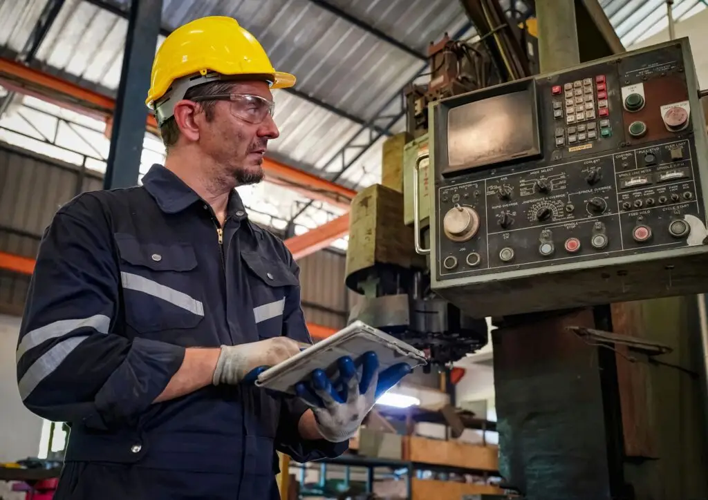 Técnico de mantenimiento revisando datos de una máquina industrial en una tablet, como ejemplo de mantenimiento basado en condición.