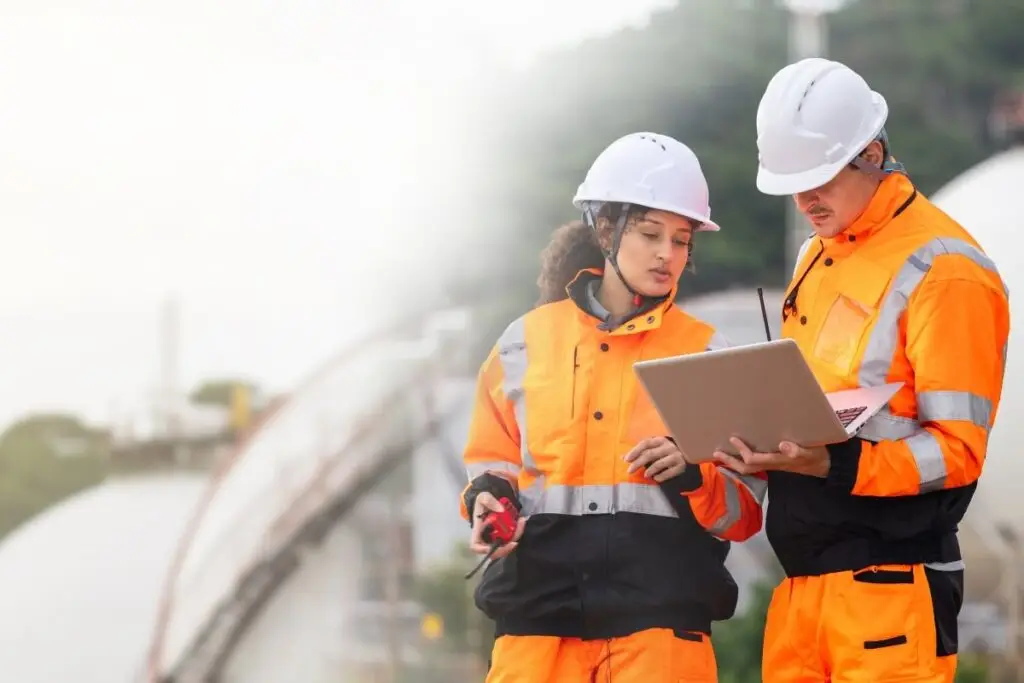  Deux techniciens en tenue haute visibilité consultent un ordinateur portable depuis un chantier pour suivre la géolocalisation des actifs matériels.