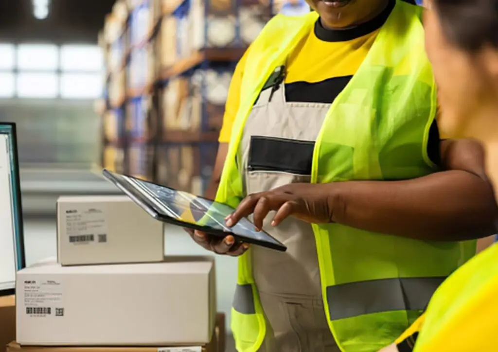 Qué es un código QR: trabajadores de almacén escaneando una caja con etiqueta QR en una tablet