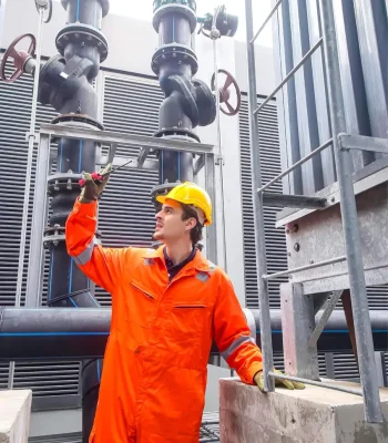 Técnico de mantenimiento con casco y mono naranja inspecciona tuberías industriales, registrando la intervención en un sistema de tickets digital con historial permanente y firmas electrónicas